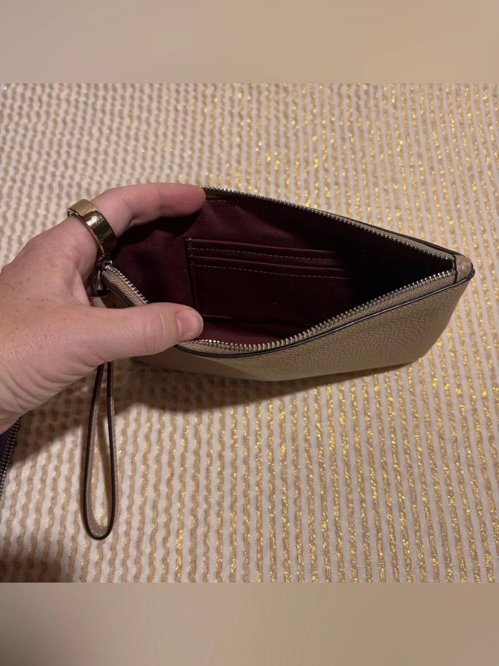 Coach Pebbled Leather Wristlet Tan/Silver/Burgundy Lining
